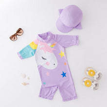 Load image into Gallery viewer, Boy Baby Swimwear+Hat 2Pcs Set Surfing Wear Unicorn Swimming Suit Infant Toddler Swimwear Kids Sunscreen Beach Bathing Suit